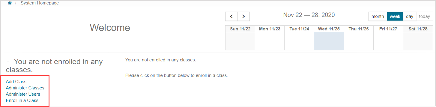 System Homepage for instructor not enrolled in any classes, with links highlighted on the left pane.